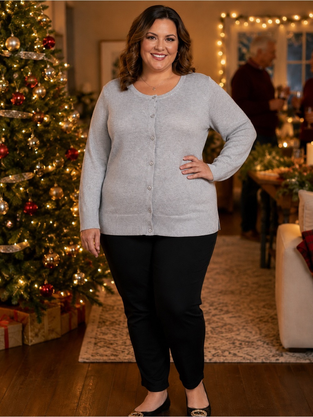 croft & barrow Light Gray with Silver Button-Front Crewneck Cardigan 2X
